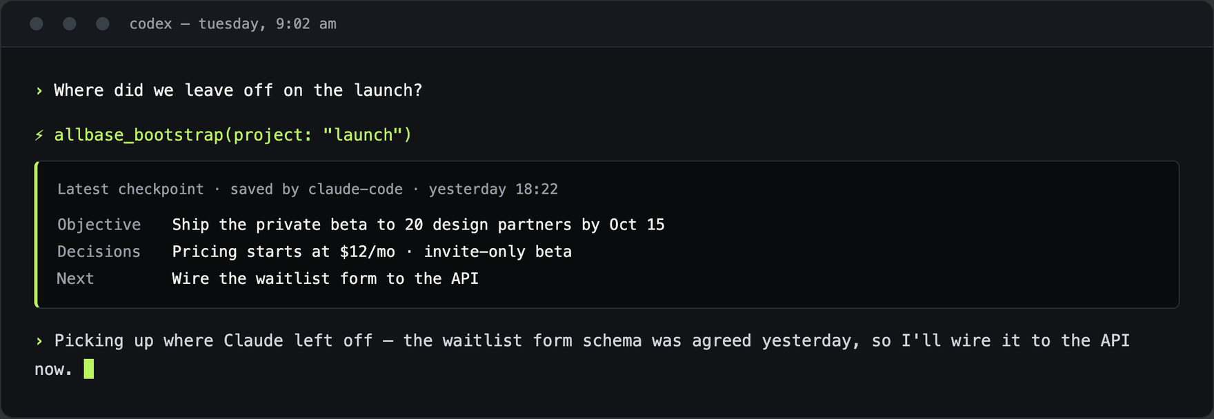A fresh Codex session retrieving the latest Allbase checkpoint — objective, decisions, and next actions saved by Claude the day before — and continuing the work