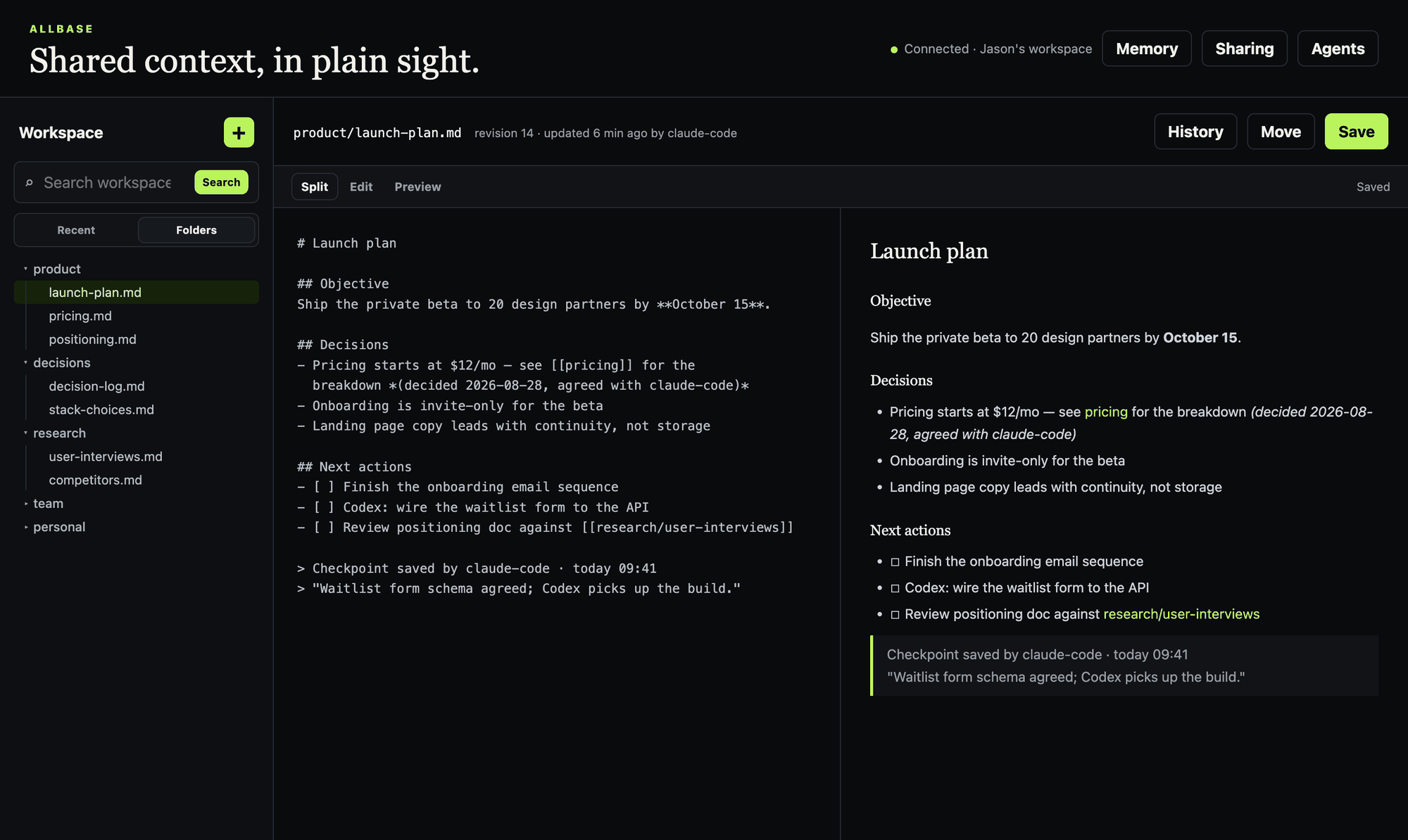 The Allbase workspace: folder sidebar, split Markdown editor and preview, and a revision attributed to the claude-code agent